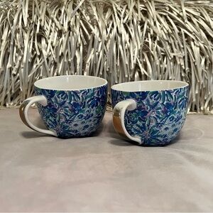 LILLY PULITZER Gold Handle Ceramic Mug 12 Ounce Blue Purple White Floral Set